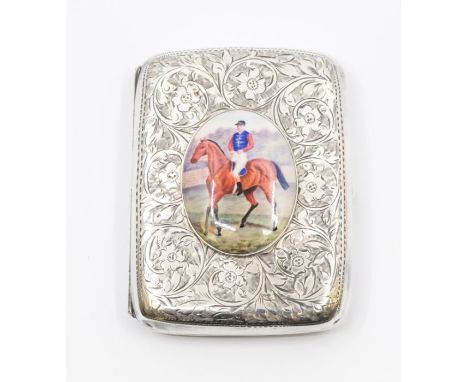 Equestrian / Racing Interest: An Edwardian silver and enamel cigarette case, the body profusely engraved with scrolling folia