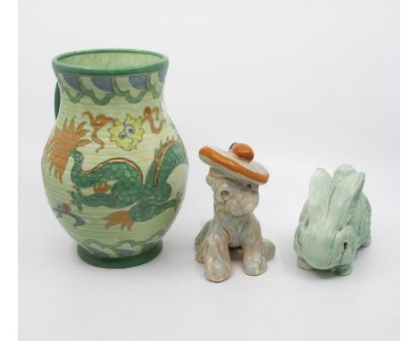 1930s Crown Ducal single handled vase with Chinese Dragon detail along with Sylvac style rabbit and scotch dog