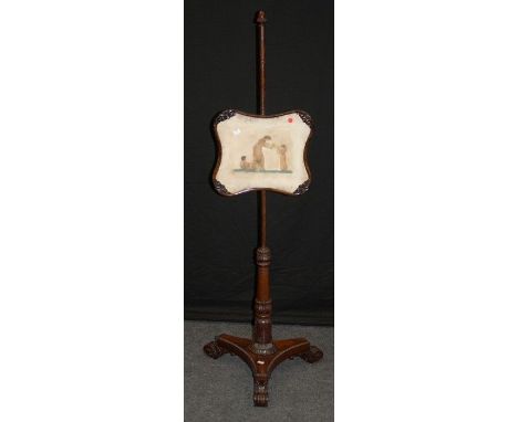 A William IV rosewood pole screen with painted figural panel, on acanthus carved column, concave triform base and scroll feet