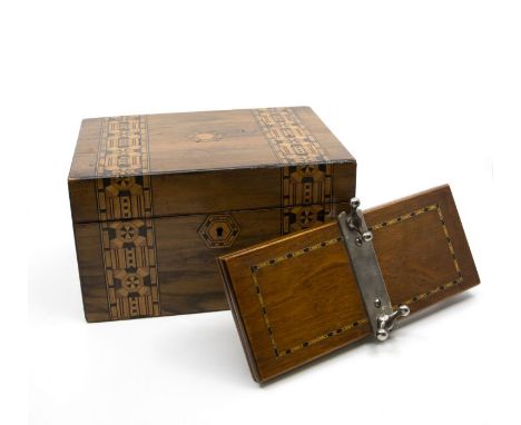19th Century inlaid trinket box in mahogany along with Edwardian tie press