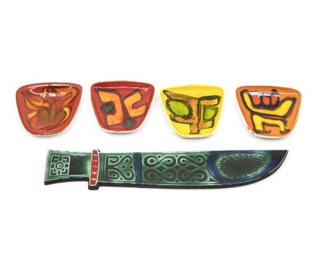 Poole Pottery: 4 Poole Pottery Delphis sweet dishes shape mark 41 plus a dagger wall plaque on a green ground. Length of dagg