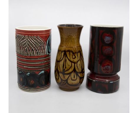 Poole Pottery: 3 Poole Pottery vases to include thrown and carved on red ground, shape 84, height approx 22cm, Aegean, shape 