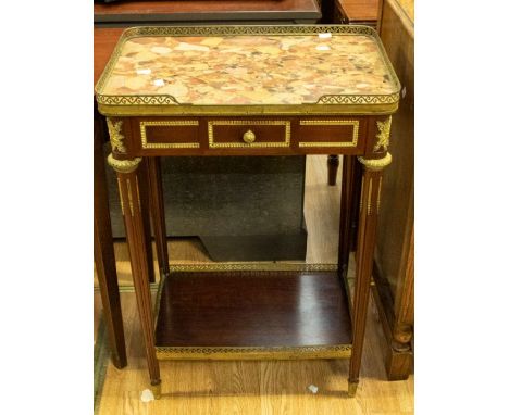 A reproduction Louis XV marble topped side table, having galleried top, single drawer, ormolu detail with galleried bottom sh