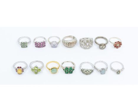 A collection of gems tv silver and gem set rings to include opal, garnet, peridot, tourmaline, chrome diopside, colour change