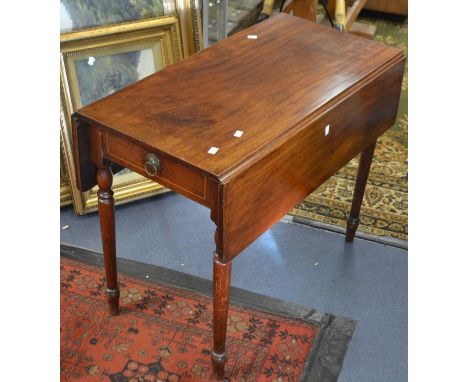 A Victorian mahogany Pembroke table, two inlaid drawers, turned legs, 73cm high, 91.5cm long, 49cm wide extending to 92cm and