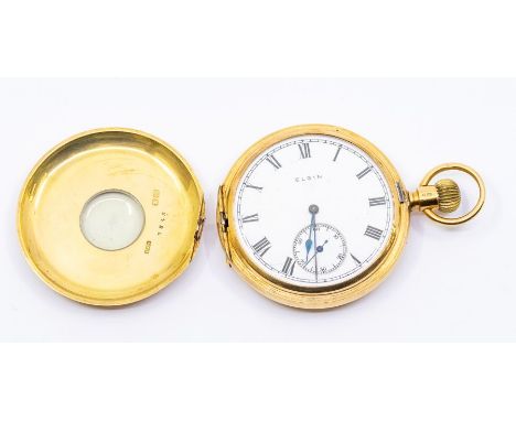 An 18ct gold half hunter Elgin pocket watch, white enamel dial approx 40mm, black roman numeral markers and subsidiary dial, 