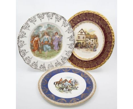 A collection of Royal Crown Derby cabinet china plates to include: Hunting scene painted by J Doyle, signed lower right, gilt