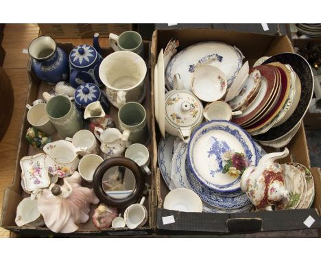 A quantity of ceramics in two boxes to include Royal Crown Derby Posies, Spode, Wedgwood, blue &amp; white etc.