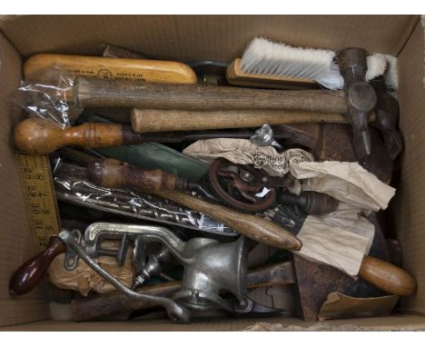 Collection of vintage tools, wooden handles i.e. Hammers, Drills, Chissels etc.