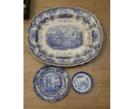 A large Victorian blue and white meat plate, Spode plate and another blue Willow pattern plate