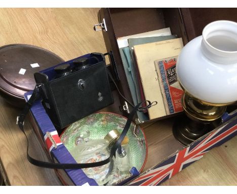 Vintage suitcase, oil lamp, binoculars, early 20th Century fruit bowl and glass items with bed pan