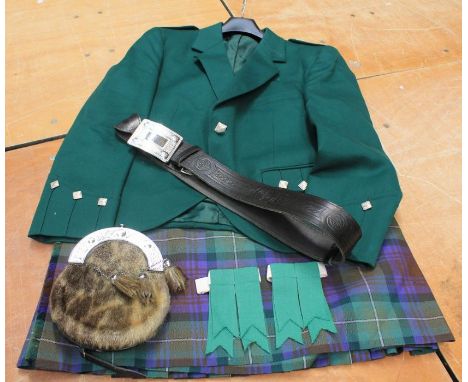 Collection of Scottish national dress ie. kilts, jackets, sash, sporrans, belts, scarves etc