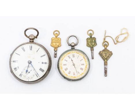 A silver cased open faced pocket watch, white enamel dial, black roman numerals with subsidiary dial, numbered 57252 (key win
