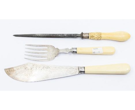 A pair of Edwardian silver engraved fish servers, bone handles, the blade, tine and collars hallmarked by W Hutton &amp; Sons