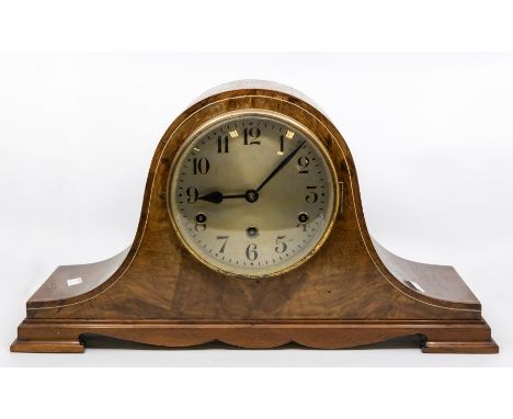 1930s Napoleon hat mantle clock, 8 day, walnut and mahogany, Arabic numerals