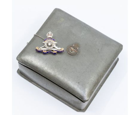 A diamond set platinum and gold enamel Royal Artillery Officers brooch, total gross weight approx 6.5gms along with an RAF pe