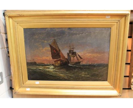 19th Century probably W Rogers Boats at Dusk, seascape oil on canvas, 39 x 60cm signed lower left, framed 
