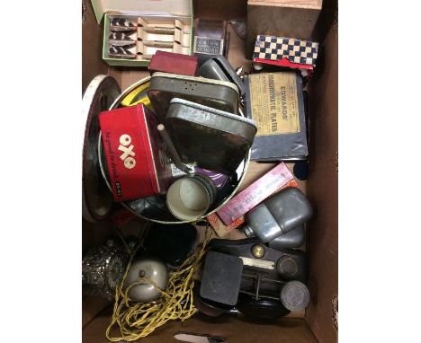 Early 20th Century sewing machine, leather suitcase, walking sticks, tins, office items, radio (all vintage)