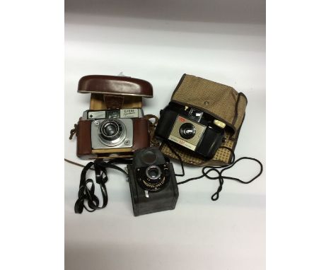 Collection of vintage cameras in cases, Ilford, Kodak etc