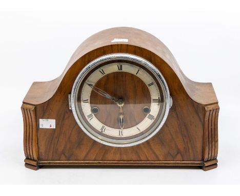 An Art Deco chrome mounted mantle clock, Roman numerals, simulated walnut case&nbsp;&nbsp;