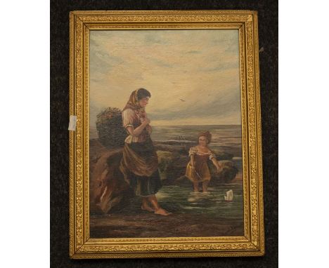 Late 19th Century oil on canvas by M. Edmonds of Mother and Child by the Sea, 27cm x 37cm, along with late 19th Century oleog