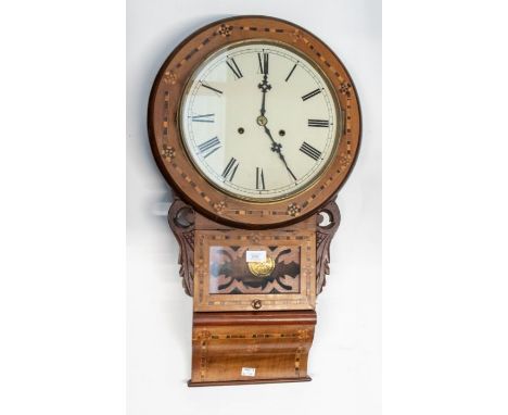Edwardian American drop-dial wall clock with spring driven, two train movement, with pendulum. 12 inch dial.Condition report: