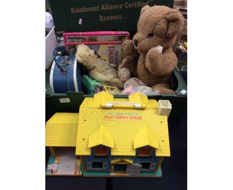 Collection of vintage toys in triang metal childs rocker, Merrythought teddy, games, doll with clothes and play house with fu