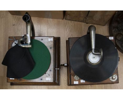 Two table top gramophones, no horns, vintage not retro, oak and mahogany cases, HMV and Olympia grand record soundbox