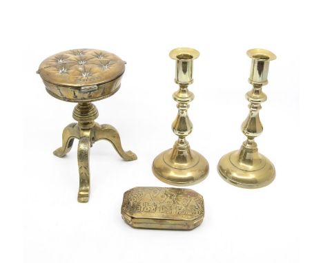 Brass & Copper A late 19th Century novelty snuff and match box in the form of a Piano stool, stamped with registration number