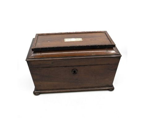 A 19th Century tea caddy with later interior lid, mother of pearl inlay, hidden compartment by R. Wilkinson, cabinet maker No