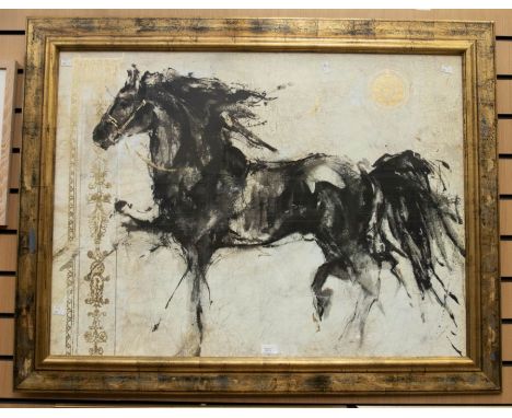 Equestrian Interest: a large silkscreen and gilt heightened print titled: Lepa Zena (a black horse) by Marta Gottfried, in or