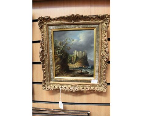 Continental School (18th Century style), Figures with boat, Castle beyond, oil on panel, 20 x 17cm, framed (1)&nbsp;
