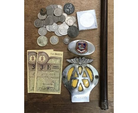 AA car badge No’ 9C28505, white metal box with enamel badge on the top, collection of coins, swagger stick with hallmarked si