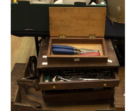 Early 20th Century four drawer mahogany precision tool box complete with vintage precision hand tools including record vintag
