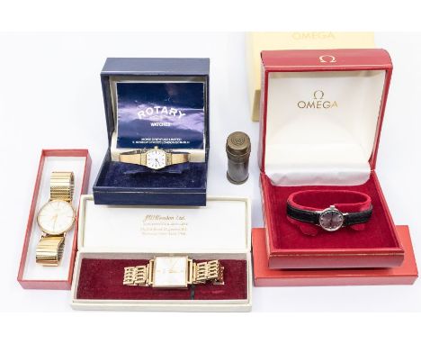 An Omega circa 1970's ladies wristwatch, stainless steel, with&nbsp; black leather strap, boxed with paperwork; a gold plated