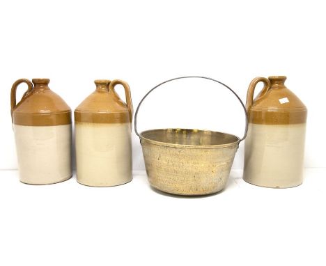 3 Vintage ale flagons, together with a brass jam pan