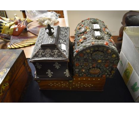 Three trinket boxes, mahogany inlaid, precious stone casket and another