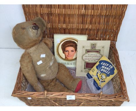 Vintage early 20th Century teddy bear, 1960's Avon magazine, picnic basket etc