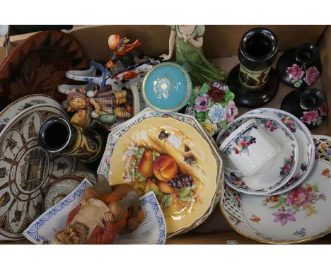 A collection of mixed china and ceramics, including Orchard Gold by Aynsley, Royal Doulton Goebel figures, plates, vases and 