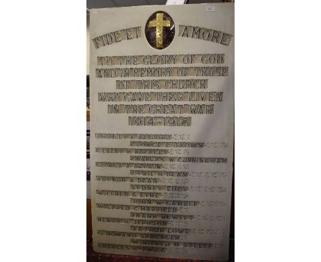 A Great War white marble commemorative plaque, the top centre inset with a gilt mosaic cross surrounded by a large panel of B