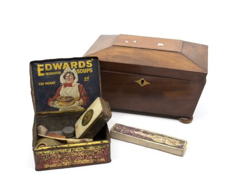 A 19th Century mahogany tea caddy along with tins, snuff box, fossils, bone apple corer etc