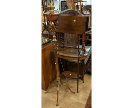 An Edwardian style mahogany occasional table on sabre legs with inlay and banding along with a brass and copper telescopic fl