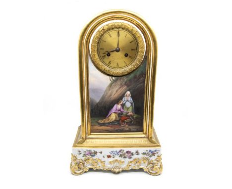 A French 19th Century porcelain mantle clock, with brass dial Roman numerals signed Raingo Freres a Paris, the front panel pa