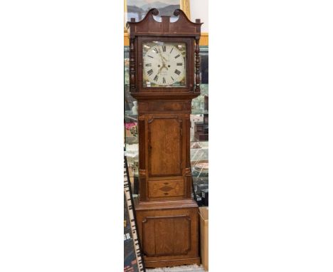 George III 8 day long case by Scales of Kendal, enamelled face, in oak and mahogany case, with scroll pediment, date and seco