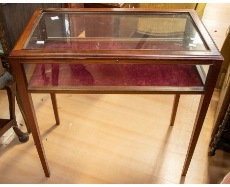 A reproduction Georgian style glass display cabinet in mahogany, having glass panel top and sides, on tapered legs