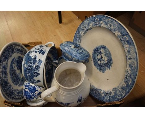 Collection of 19th Century blue and white kitchen items including Spode, early 19th Century transfer decorative plates, 19th 