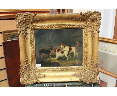 George Morland (British, 1763-1804)A pair of Spaniels with a Terrier in landscapeoil on panel, 22 x 28cmsigned and dated 1796