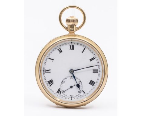 A 9ct gold open faced pocket watch, white enamel dial with painted numeral markers, subsidiary dial at 6, dial approx 43mm, c