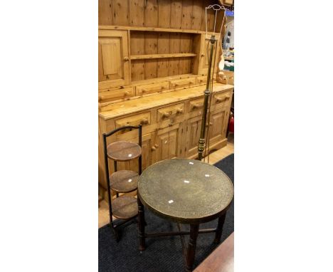 An early&nbsp; 20th Century brass standard lamp along with a copper look cake-stand with North African detail and a further b