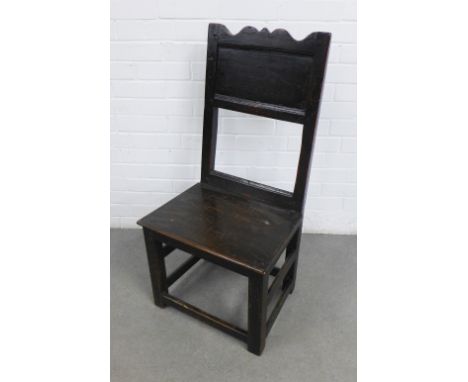 Scottish dark oak side chair with solid back panel and seat on square legs united by a stretcher, 48 x 98cm 